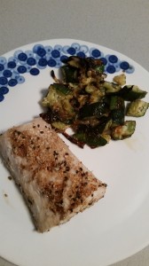 Mahi with roasted zucchini and onions